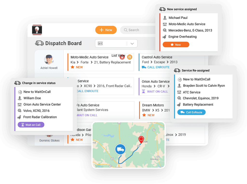 Collabtic dispatch board with technician assignments, service status and route map