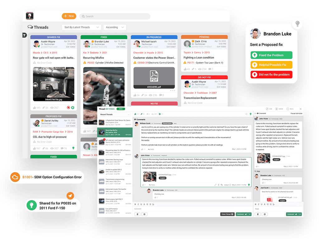 Collaboration threads and knowledgebase organized by product and fix status
